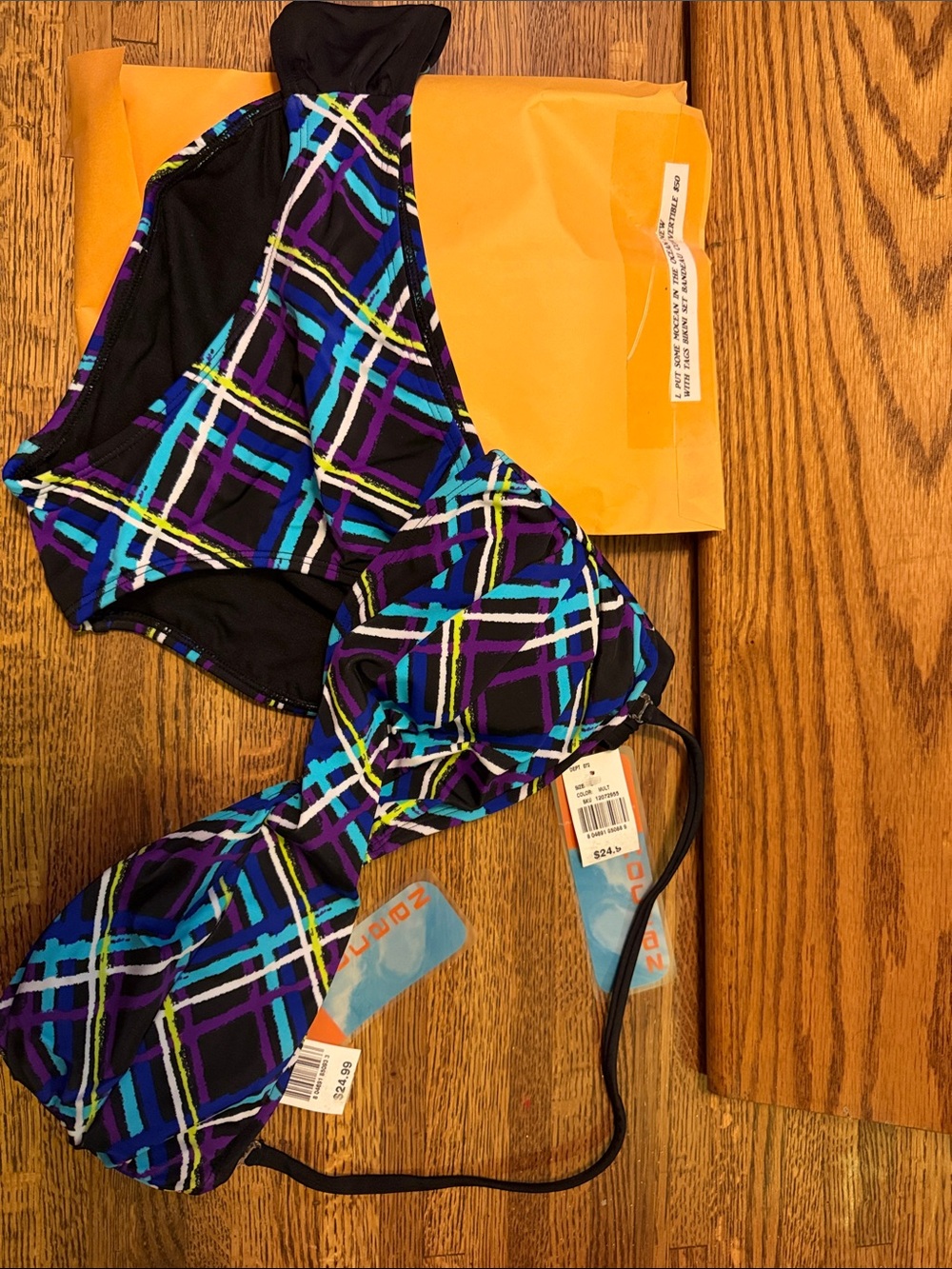L Plaid Pattern Bikini Top and Bottom Set - Black with Blue & Purple Plaid large